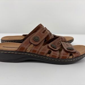 Clarks Collection Leisa Cacti Brown Leather Strap Sandals Slides Womens 7.5